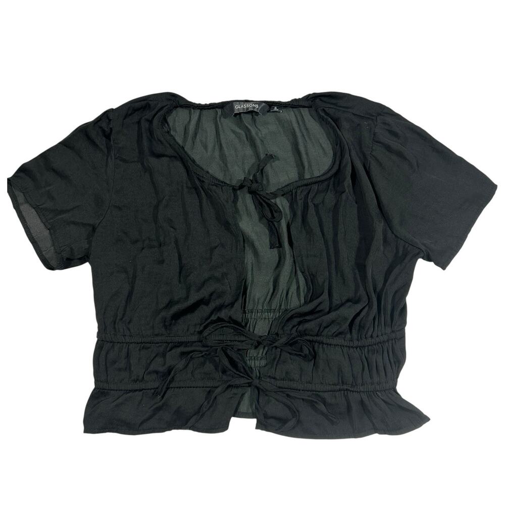 Glassons Black Tie Front Milkmaid Peplum Blouse Top Short Sleeve Size 6 Open